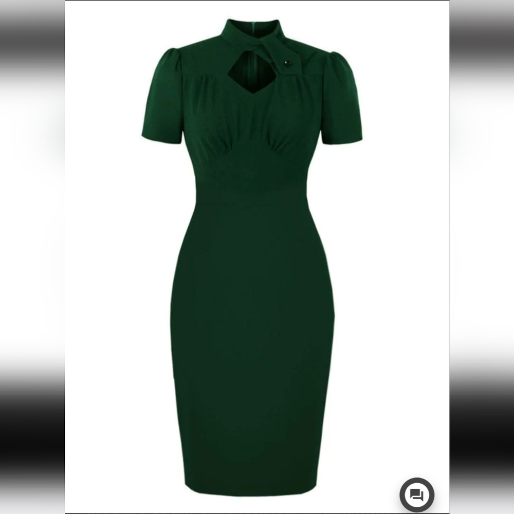 Green 1960s Keyhole Stand Collar Pencil Dress, Large, New without tags